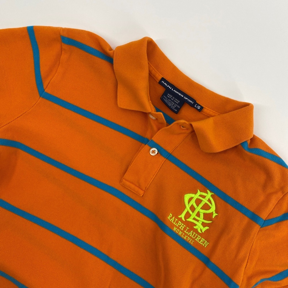 Ralph Lauren Sport Polo‎ Shirt Kids Large Orange Striped Pique Preppy Summer